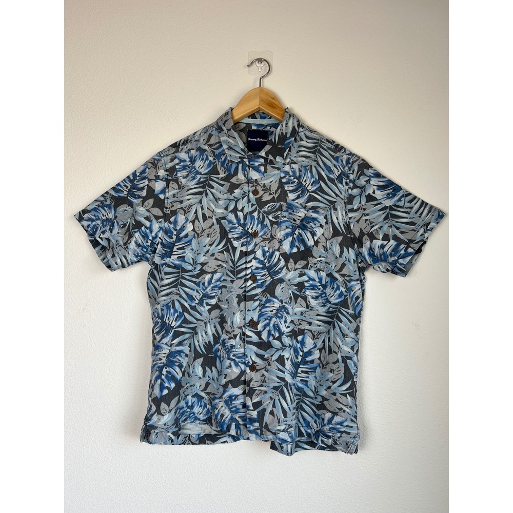 Tommy Bahama Mens M Blue Silk Hawaiian Camp Shirt Tropical Leaf Button Front